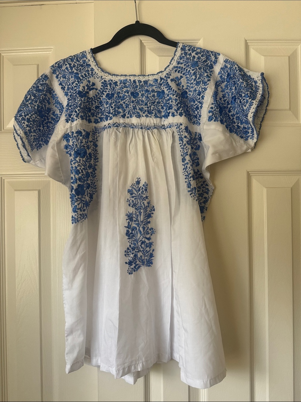 Embroidered Blue & White Peasant Top
